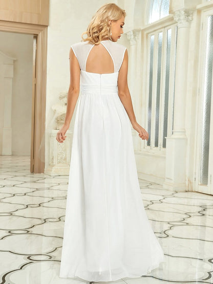 V-Neck Sleeveless Beaded Belt Chiffon A-Line Evening Dress #color_White 