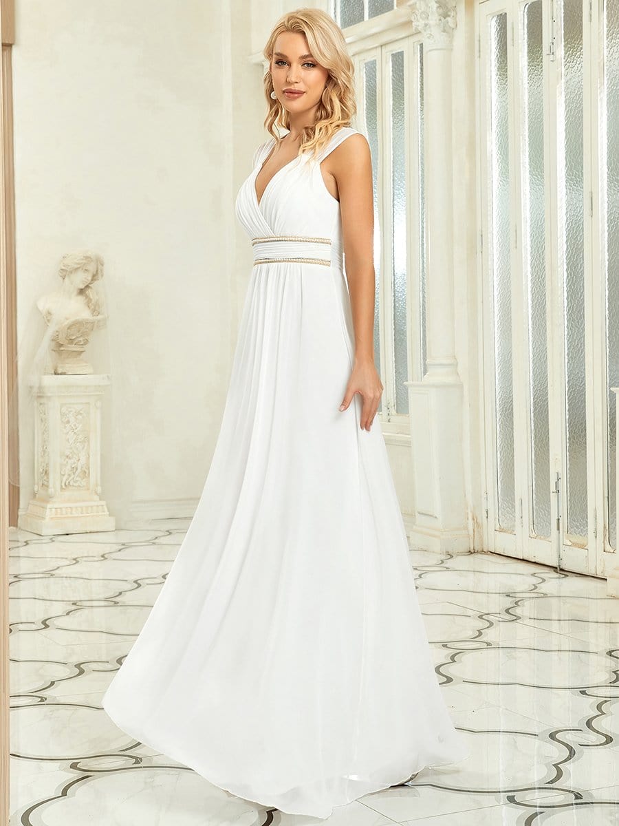 V-Neck Sleeveless Beaded Belt Chiffon A-Line Evening Dress #color_White 