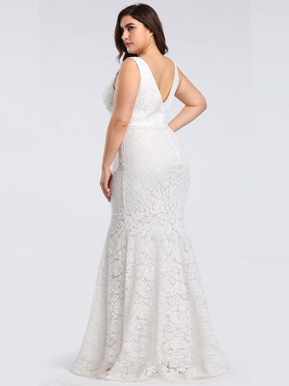 Plus Size Lace Mermaid Formal Evening Dress #color_White