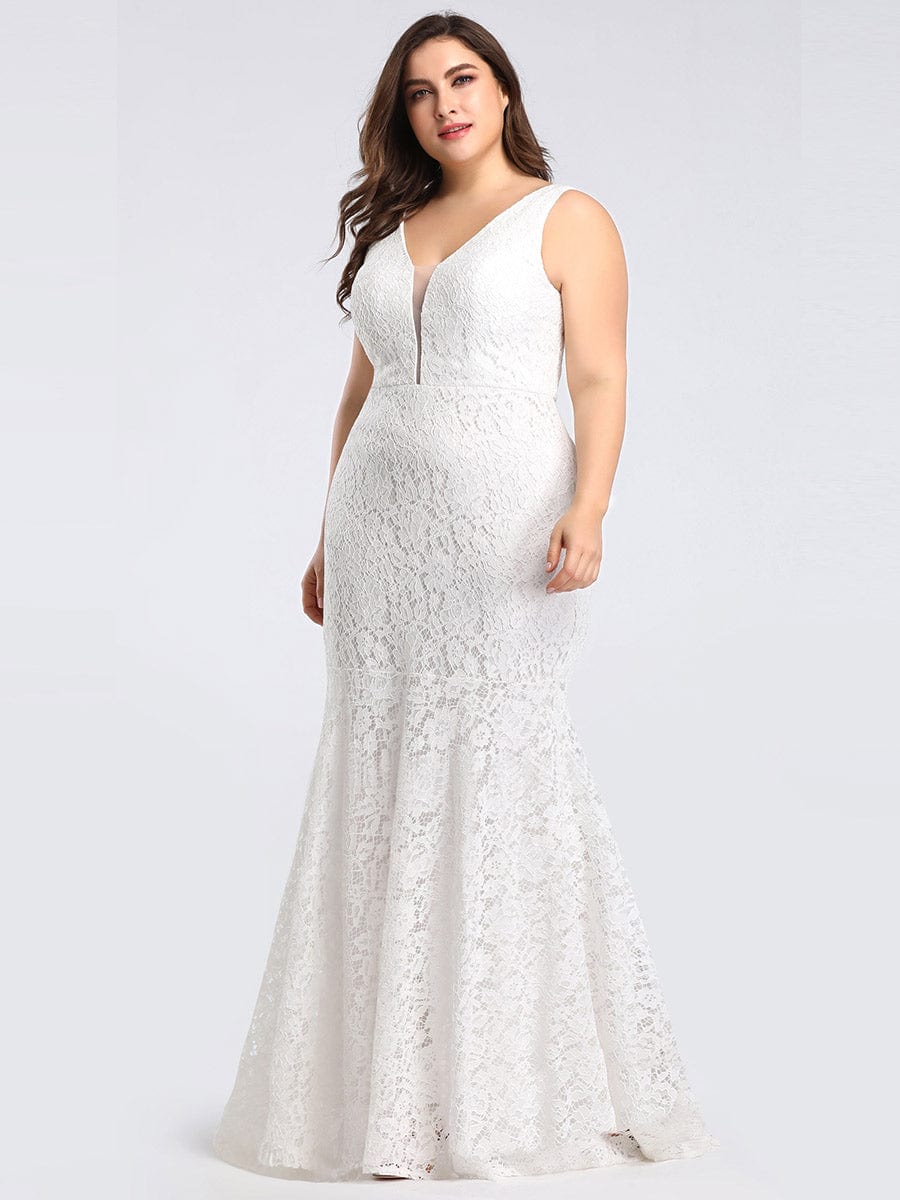 Plus Size Lace Mermaid Formal Evening Dress #color_White