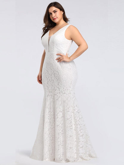 Plus Size Lace Mermaid Formal Evening Dress #color_White