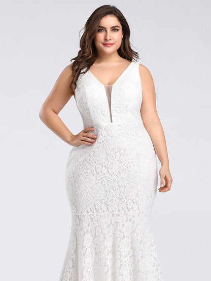 Plus Size Lace Mermaid Formal Evening Dress #color_White