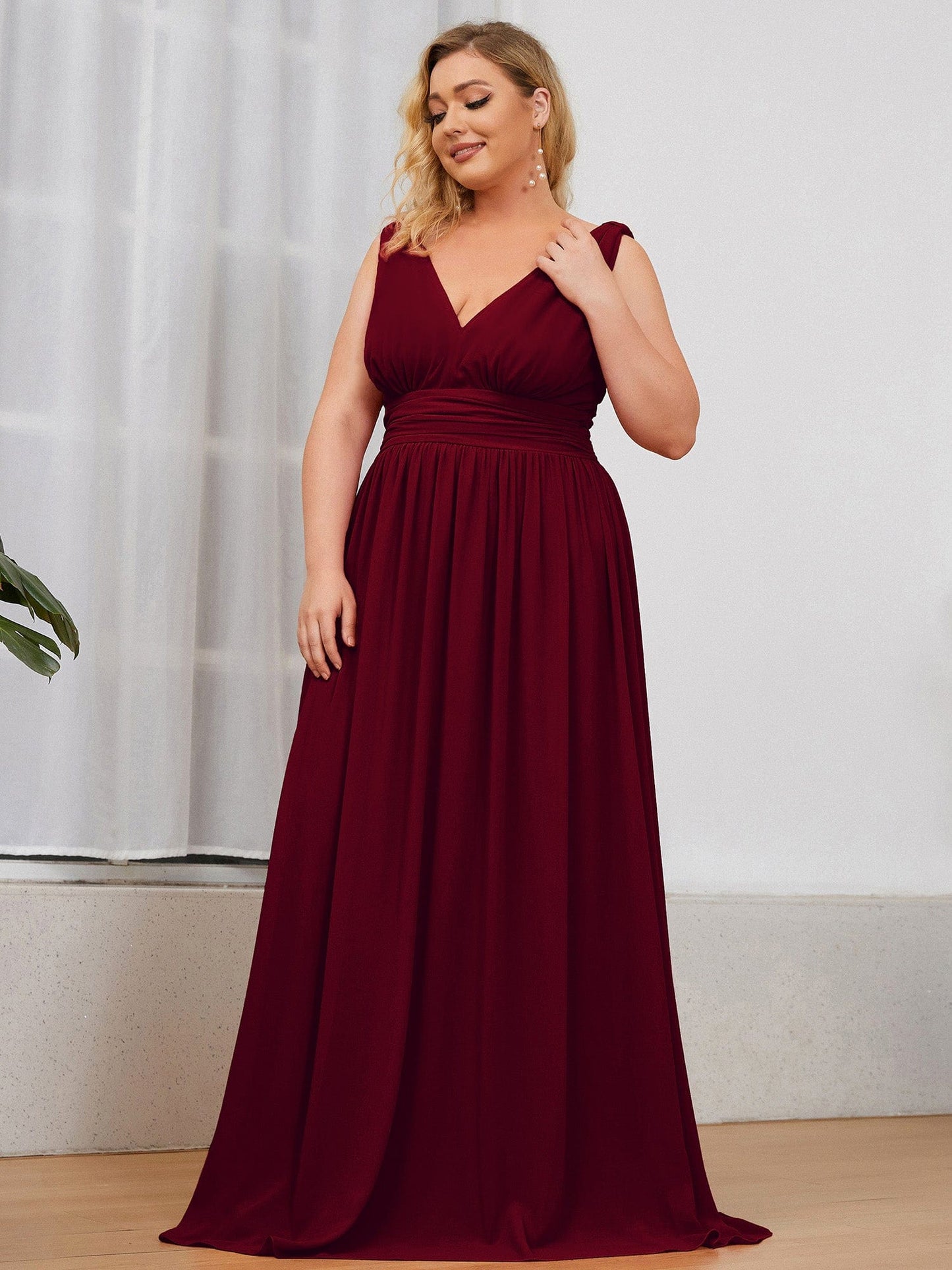 Custom Size Chiffon Sleeveless V-Neck Maxi Bridesmaid Dress #color_Burgundy