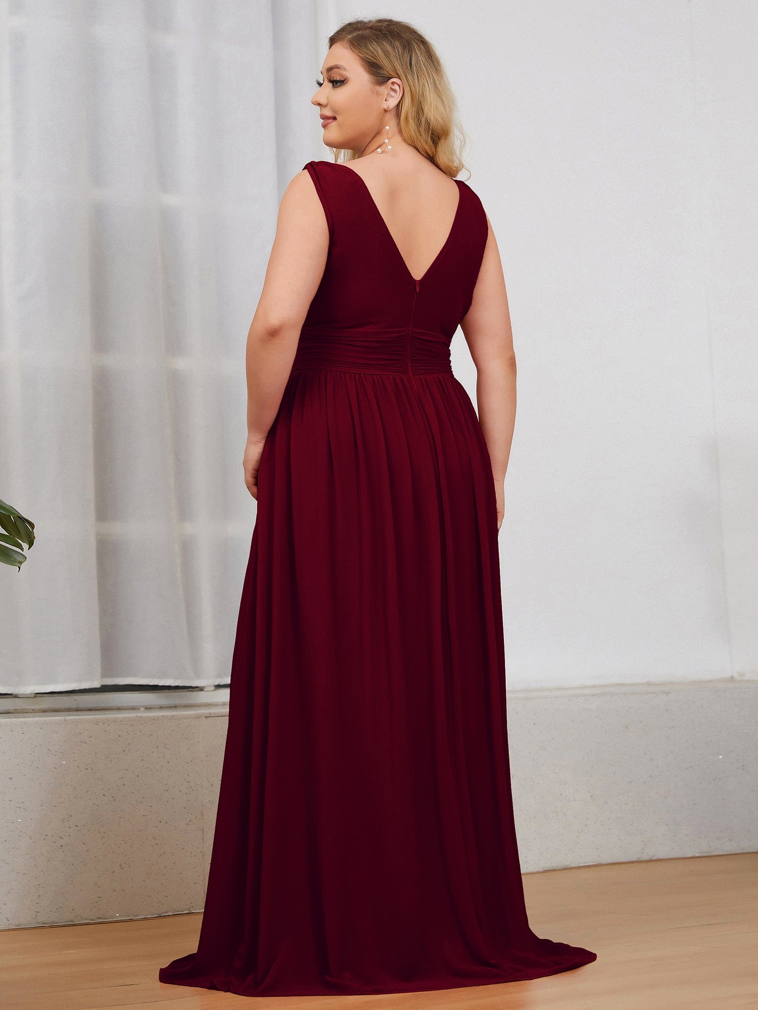 Custom Size Chiffon Sleeveless V-Neck Maxi Bridesmaid Dress #color_Burgundy