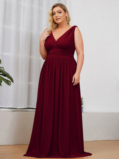 Plus Size Sleeveless V-Neck Semi-Formal Chiffon Bridesmaid Dress #color_Burgundy