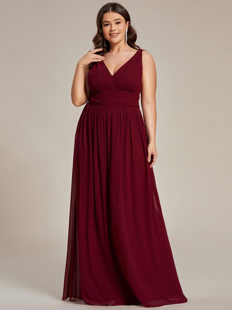 Sleeveless V-Neck Plain Maxi Chiffon Bridesmaid Dress #color_Burgundy