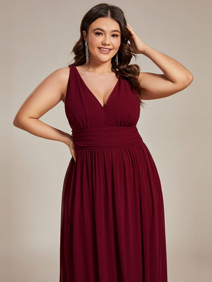 Sleeveless V-Neck Plain Maxi Chiffon Bridesmaid Dress #color_Burgundy