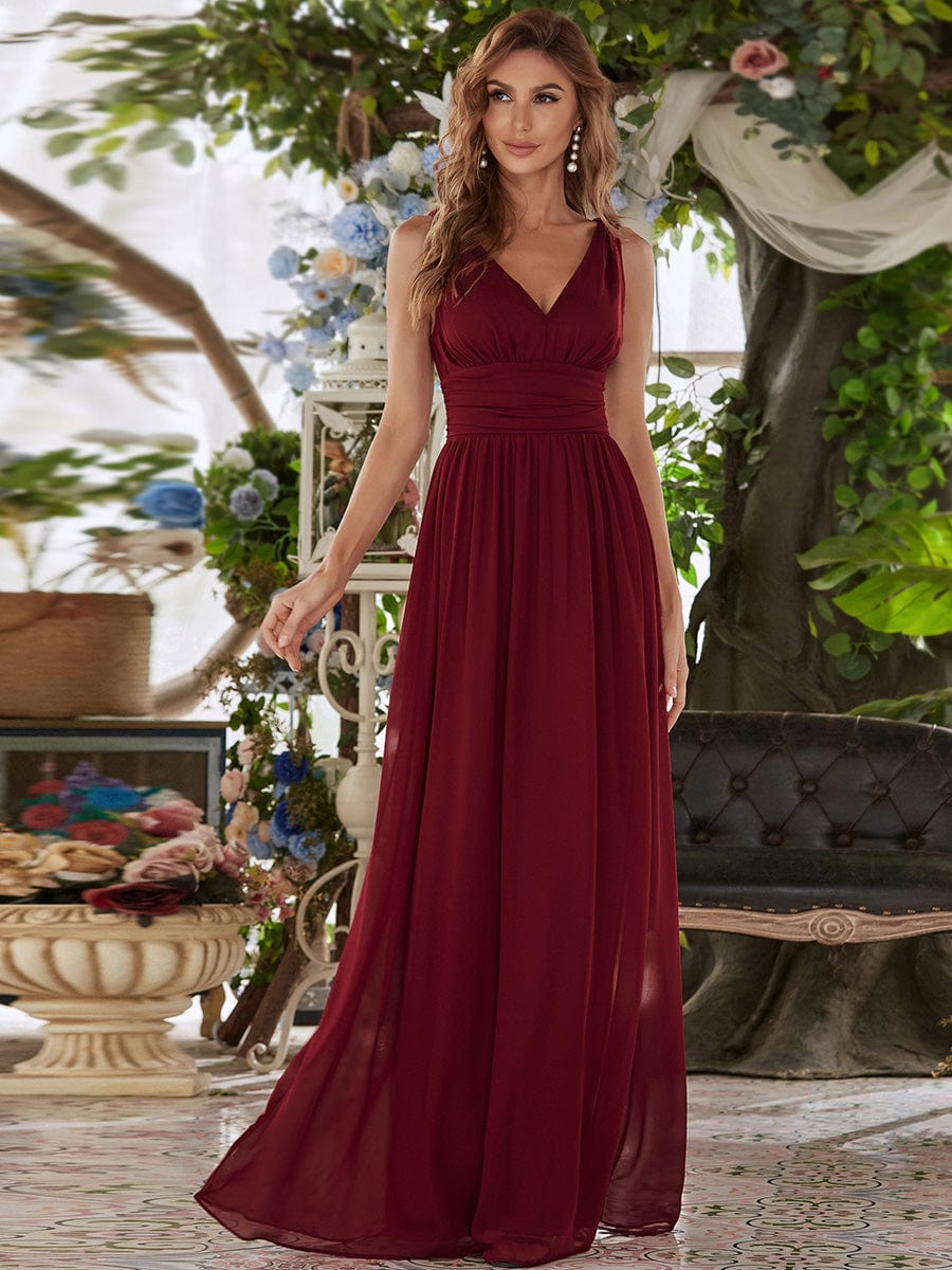 Sleeveless V-Neck Plain Maxi Chiffon Bridesmaid Dress #color_Burgundy