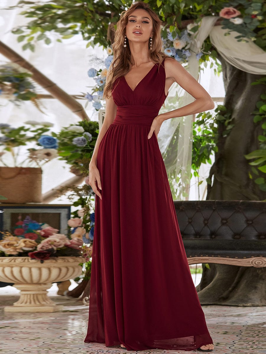 Sleeveless V-Neck Plain Maxi Chiffon Bridesmaid Dress #color_Burgundy