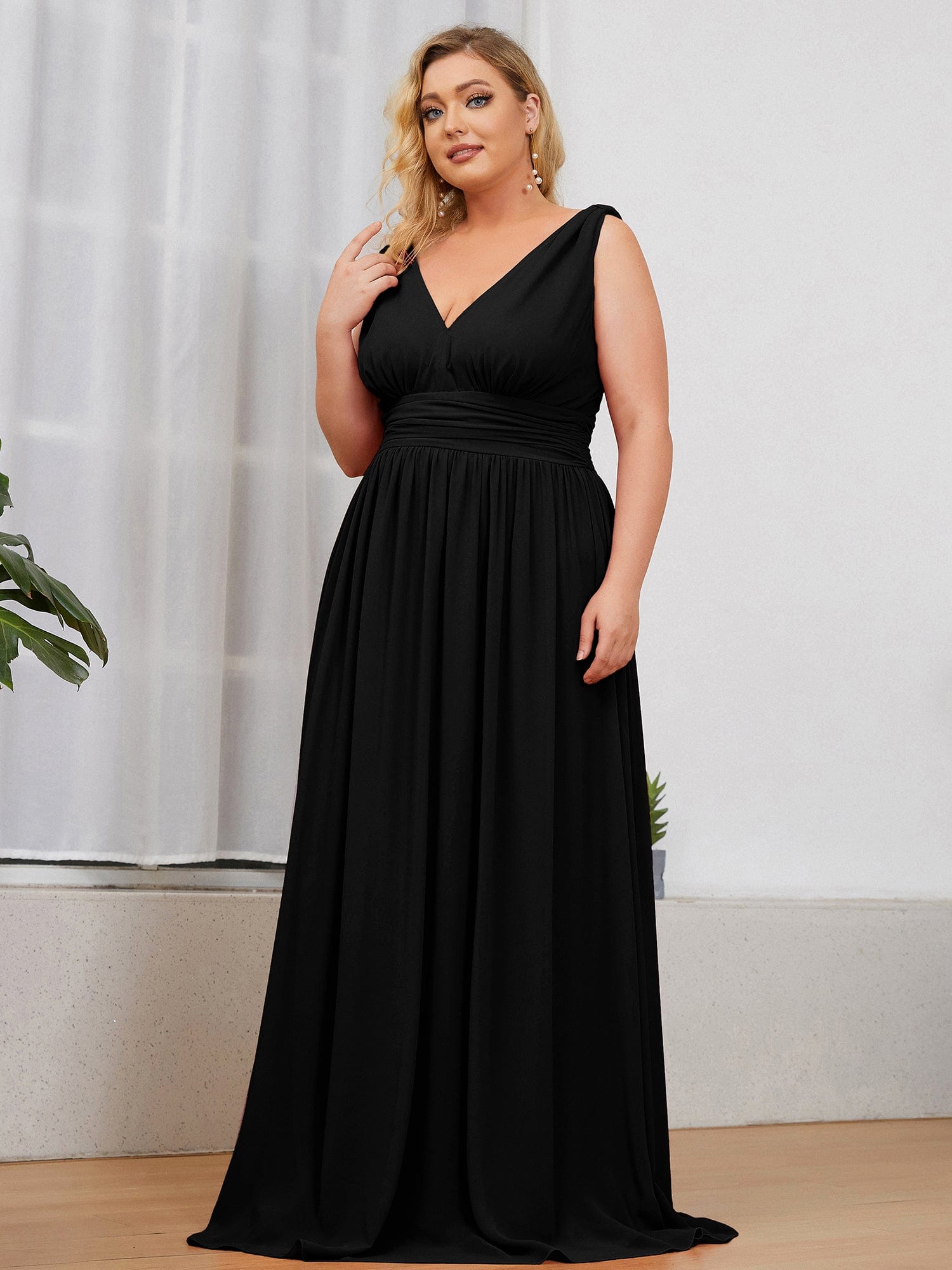 Custom Size Chiffon Sleeveless V-Neck Maxi Bridesmaid Dress #color_Black