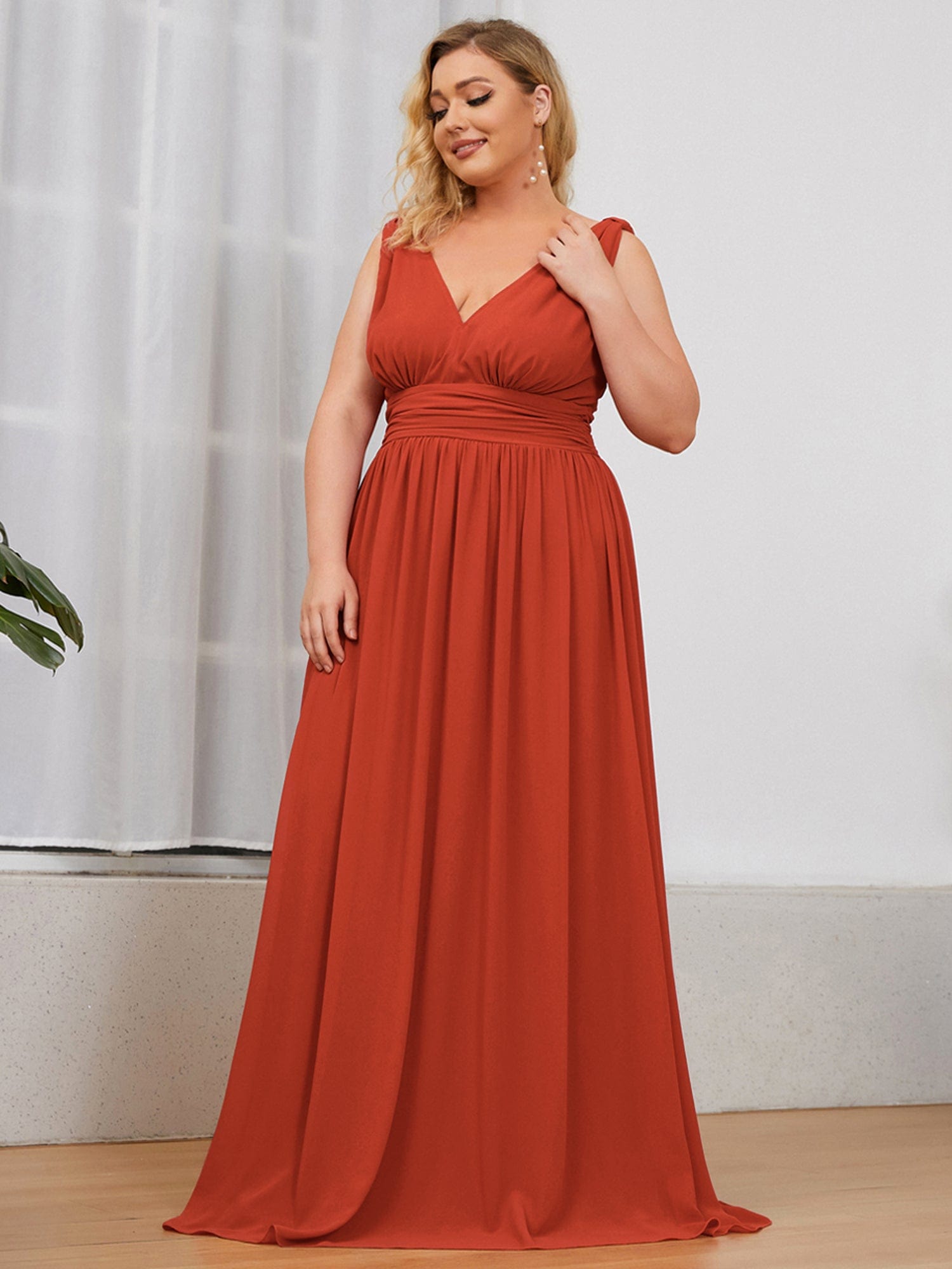 Custom Size Chiffon Sleeveless V-Neck Maxi Bridesmaid Dress #color_Burnt Orange