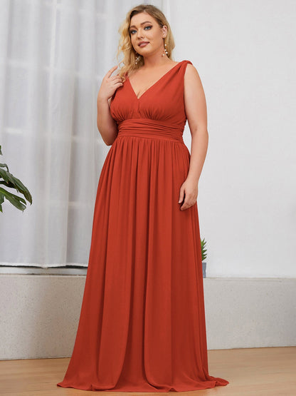 Custom Size Chiffon Sleeveless V-Neck Maxi Bridesmaid Dress #color_Burnt Orange