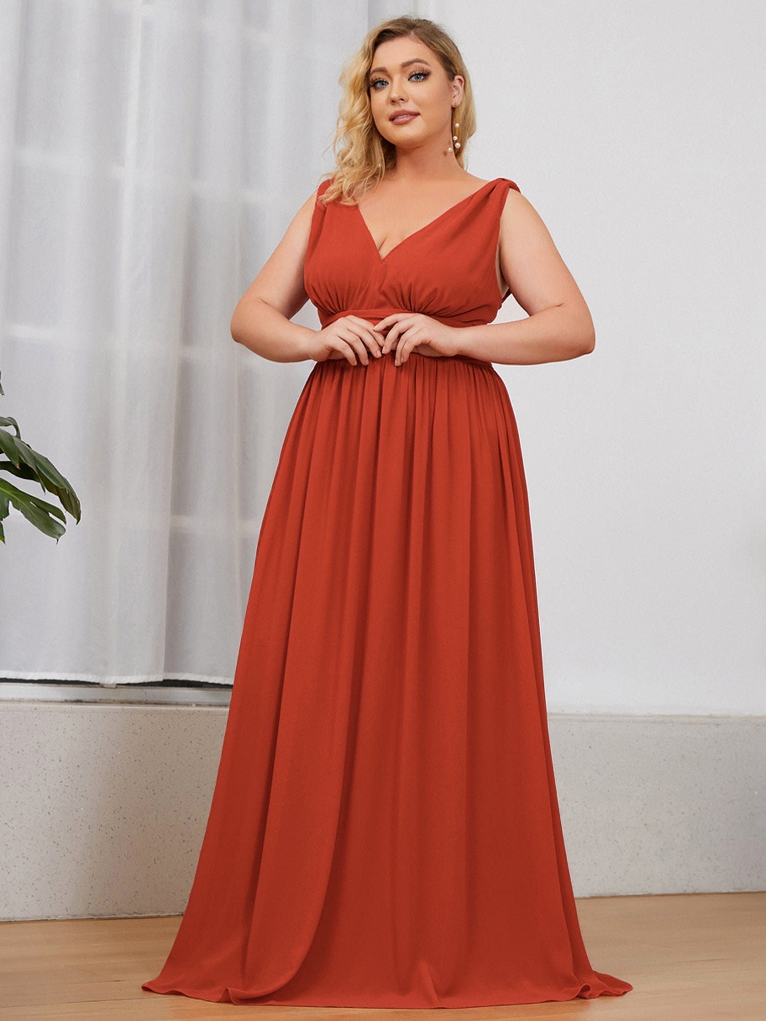 Custom Size Chiffon Sleeveless V-Neck Maxi Bridesmaid Dress #color_Burnt Orange