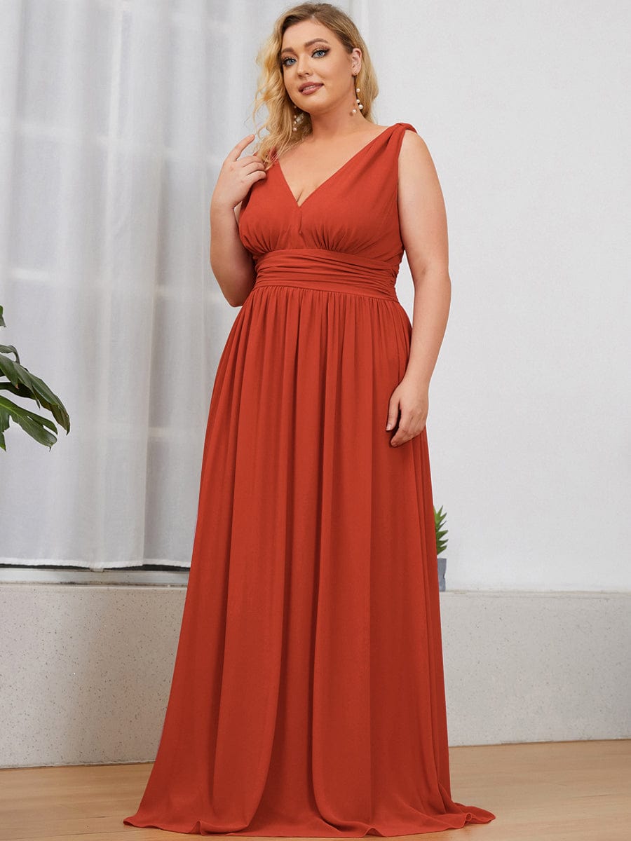 Plus Size Sleeveless V-Neck Semi-Formal Chiffon Bridesmaid Dress #color_Burnt Orange