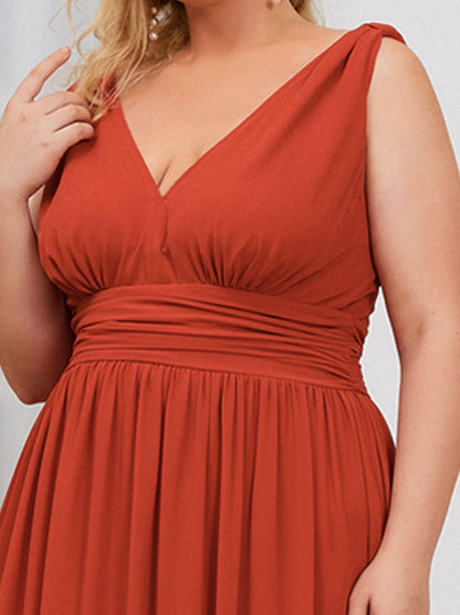 Plus Size Sleeveless V-Neck Semi-Formal Chiffon Bridesmaid Dress #color_Burnt Orange