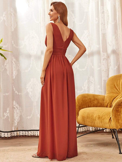 Elegant Sleeveless V-Neck Semi-Formal Maxi Chiffon Bridesmaid Dress #color_Burnt Orange