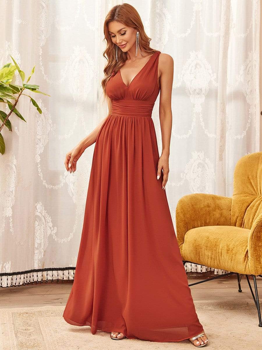 Elegant Sleeveless V-Neck Semi-Formal Maxi Chiffon Bridesmaid Dress #color_Burnt Orange