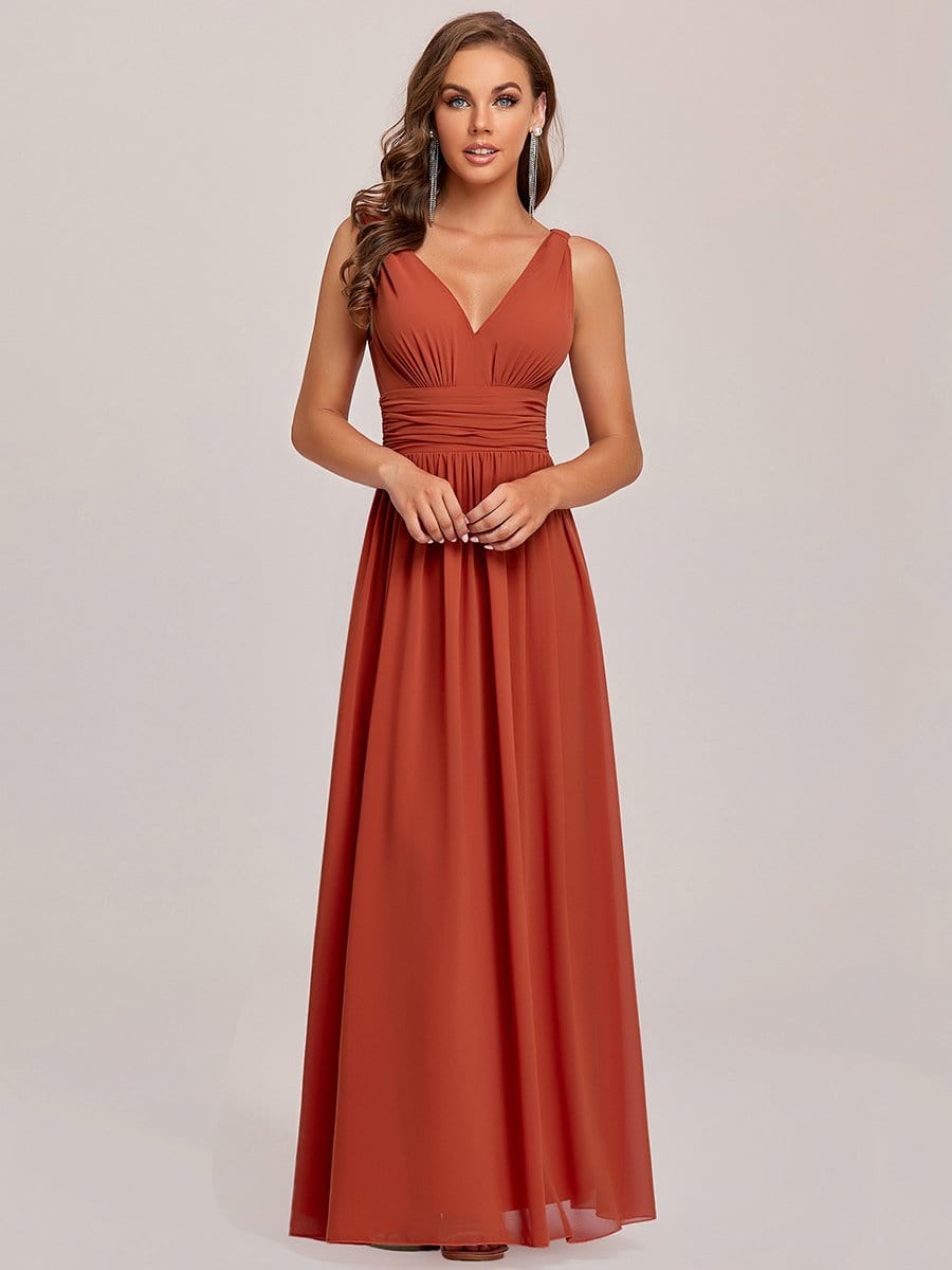 Elegant Sleeveless V-Neck Semi-Formal Maxi Chiffon Bridesmaid Dress #color_Burnt Orange