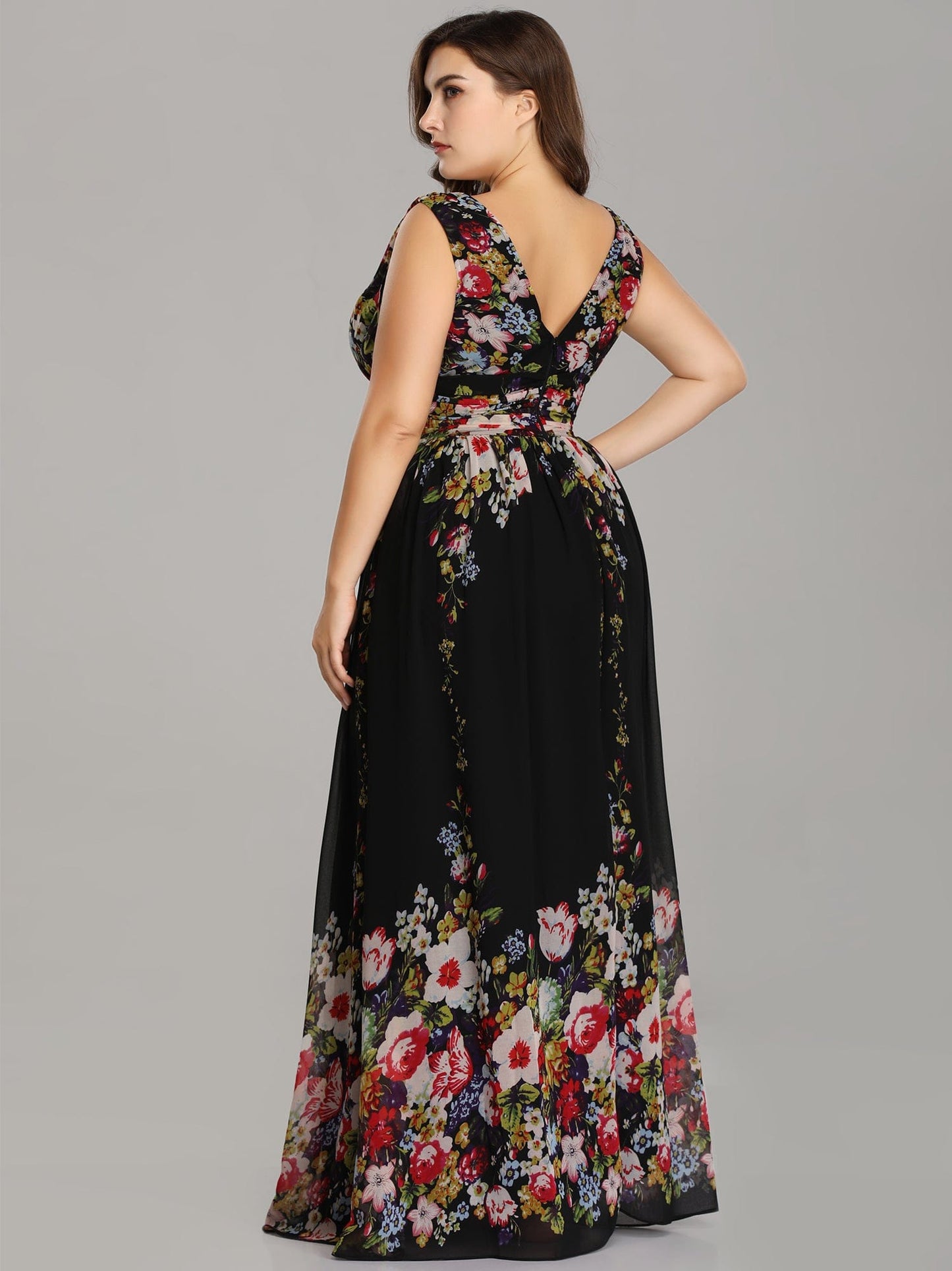 Custom Size Chiffon Sleeveless V-Neck Maxi Bridesmaid Dress #color_Black and Printed