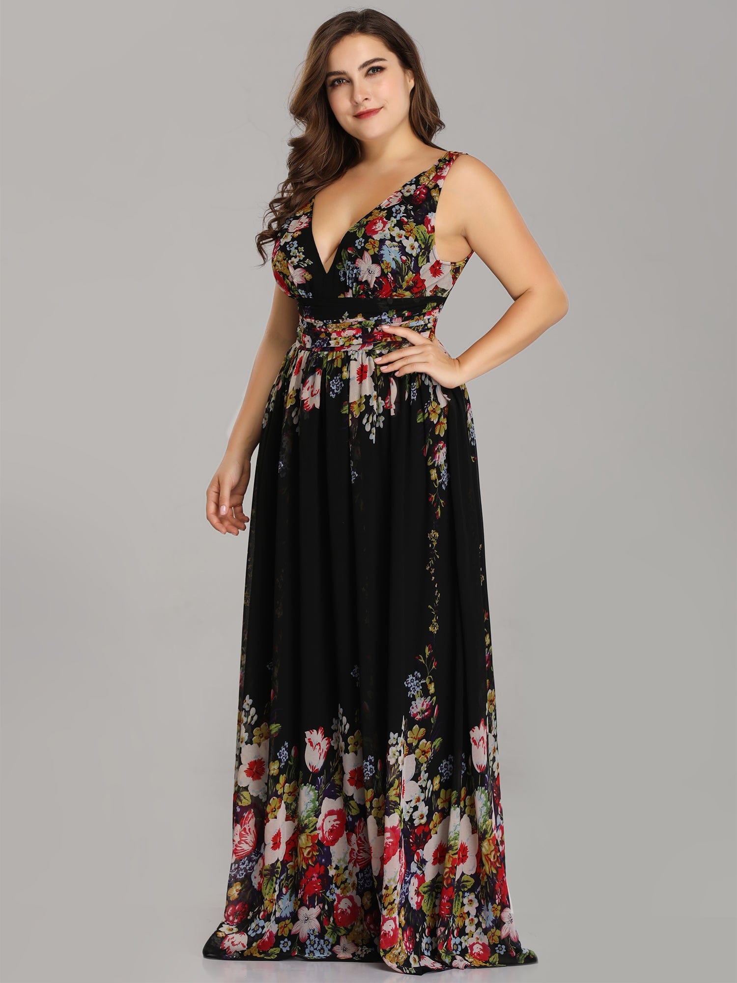 Custom Size Chiffon Sleeveless V-Neck Maxi Bridesmaid Dress #color_Black and Printed