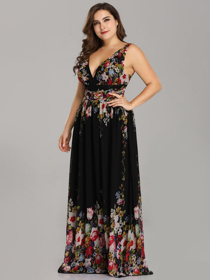 Custom Size Chiffon Sleeveless V-Neck Maxi Bridesmaid Dress #color_Black and Printed