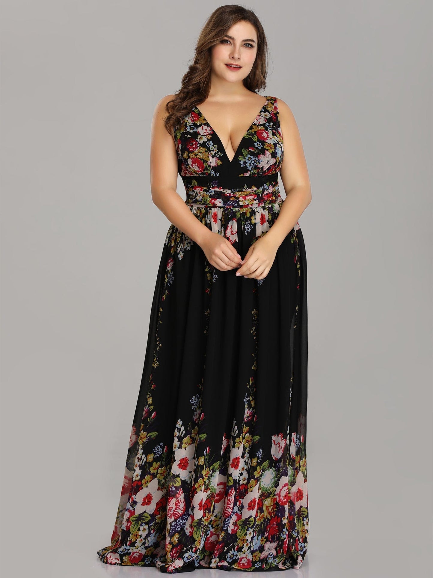 Custom Size Chiffon Sleeveless V-Neck Maxi Bridesmaid Dress #color_Black and Printed