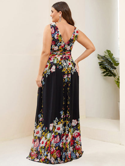 Sleeveless V-Neck Maxi Chiffon Bridesmaid Dress #color_Black and Printed