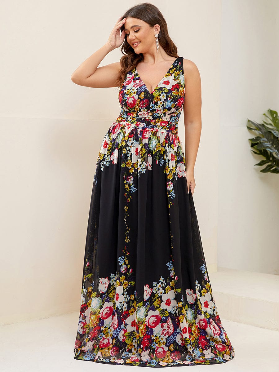 Plus Size Sleeveless V-Neck Semi-Formal Chiffon Bridesmaid Dress #color_Black and Printed