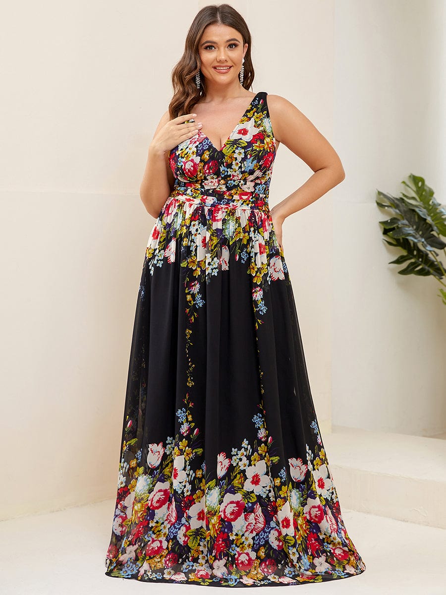 Sleeveless V-Neck Maxi Chiffon Bridesmaid Dress #color_Black and Printed