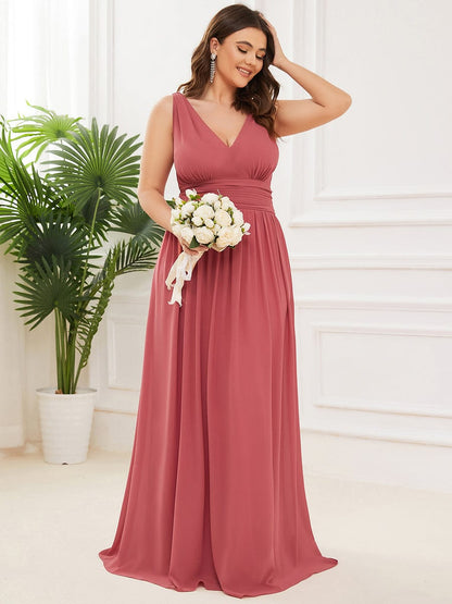 Custom Size Chiffon Sleeveless V-Neck Maxi Bridesmaid Dress #color_Cameo Brown