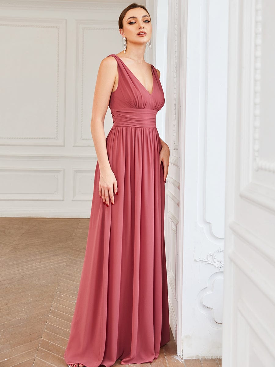 Elegant Sleeveless V-Neck Semi-Formal Maxi Chiffon Bridesmaid Dress #color_Cameo Brown