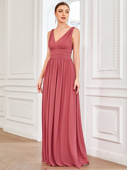 Elegant Sleeveless V-Neck Semi-Formal Maxi Chiffon Bridesmaid Dress #color_Cameo Brown