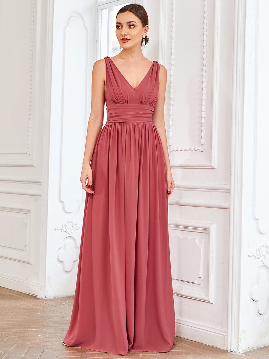 Elegant Sleeveless V-Neck Semi-Formal Maxi Chiffon Bridesmaid Dress #color_Cameo Brown