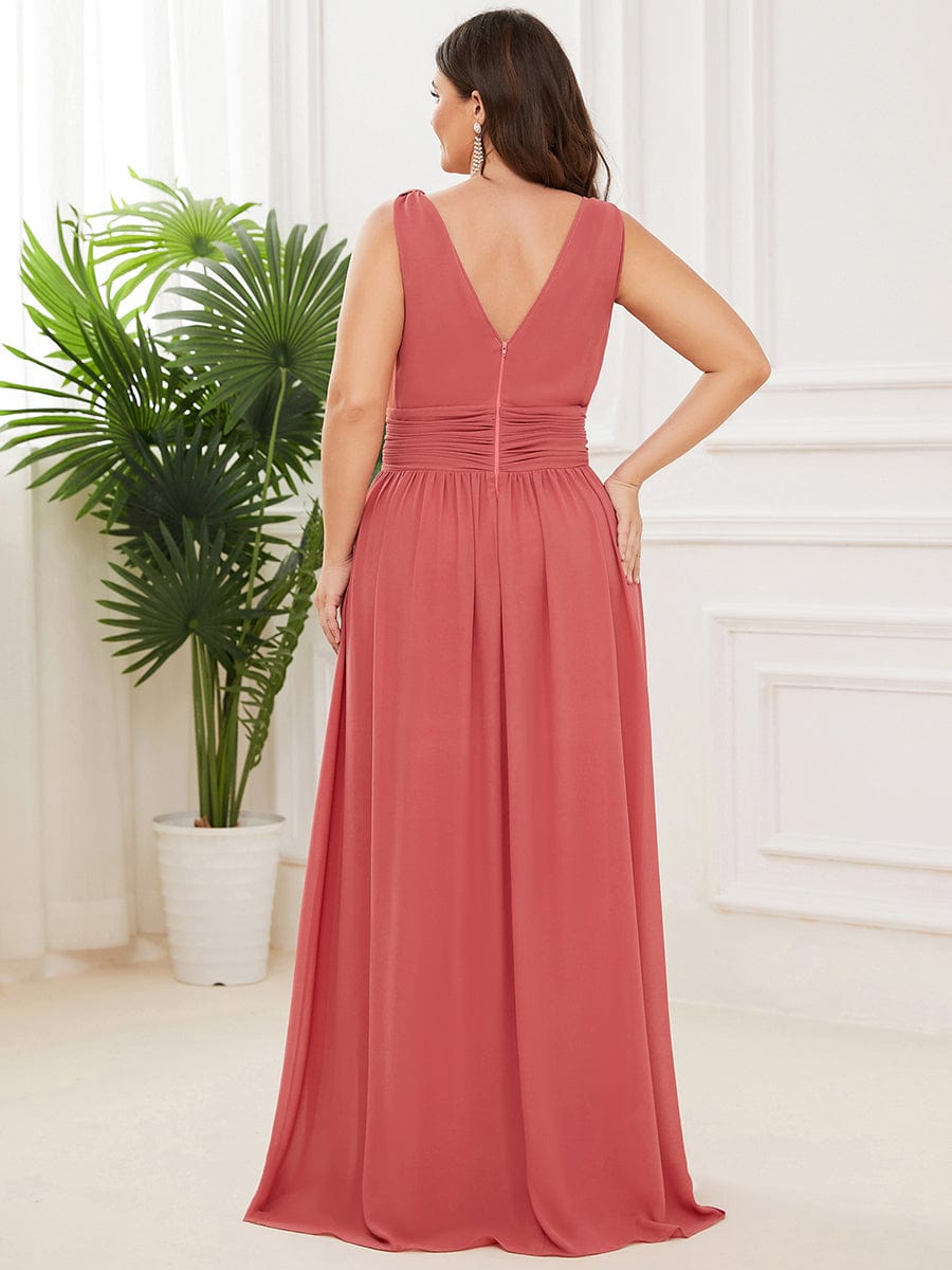 Custom Size Chiffon Sleeveless V-Neck Maxi Bridesmaid Dress #color_Coral