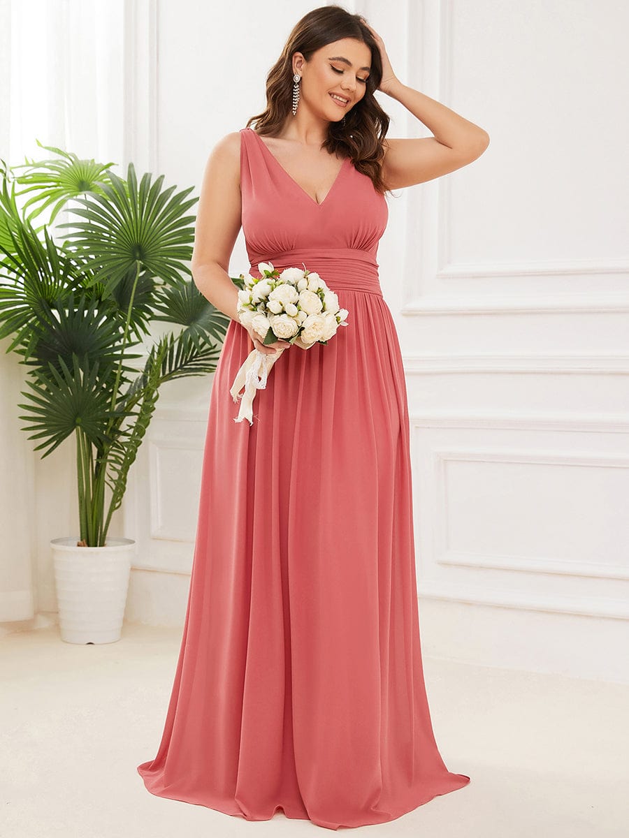 Custom Size Chiffon Sleeveless V-Neck Maxi Bridesmaid Dress #color_Coral