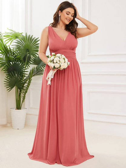 Custom Size Chiffon Sleeveless V-Neck Maxi Bridesmaid Dress #color_Coral