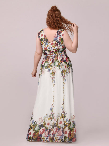 Custom Size Chiffon Sleeveless V-Neck Maxi Bridesmaid Dress #color_Printed Cream