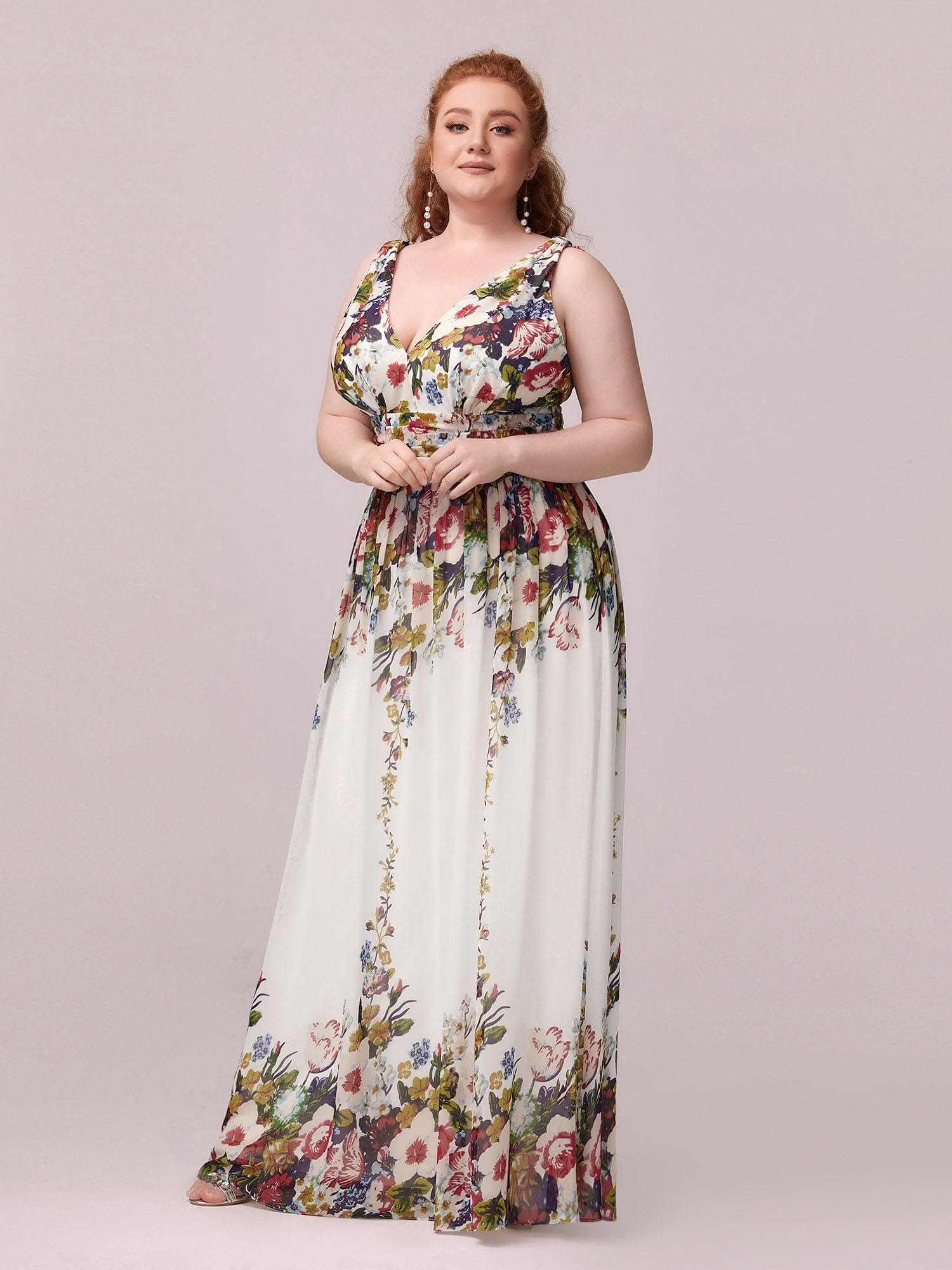 Custom Size Chiffon Sleeveless V-Neck Maxi Bridesmaid Dress #color_Printed Cream