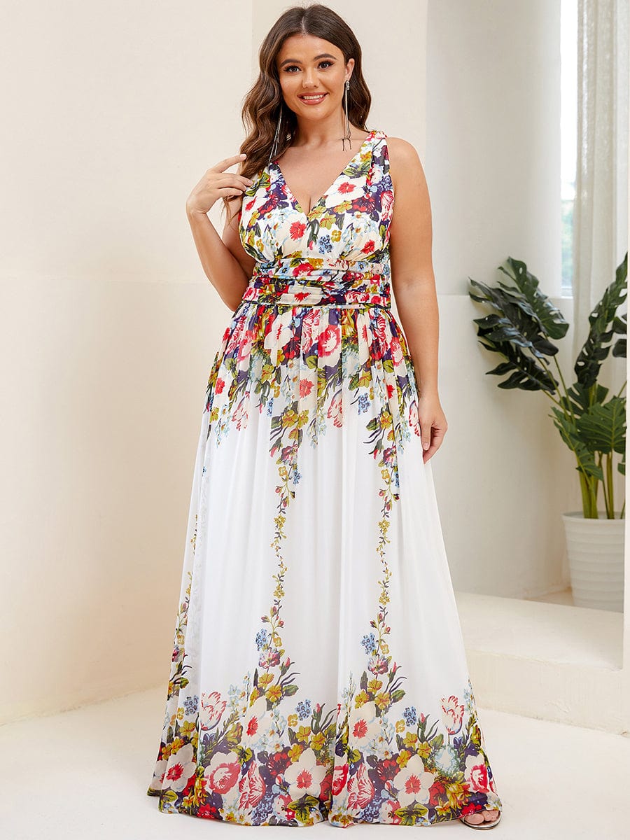 Sleeveless V-Neck Maxi Chiffon Bridesmaid Dress #color_Printed Cream