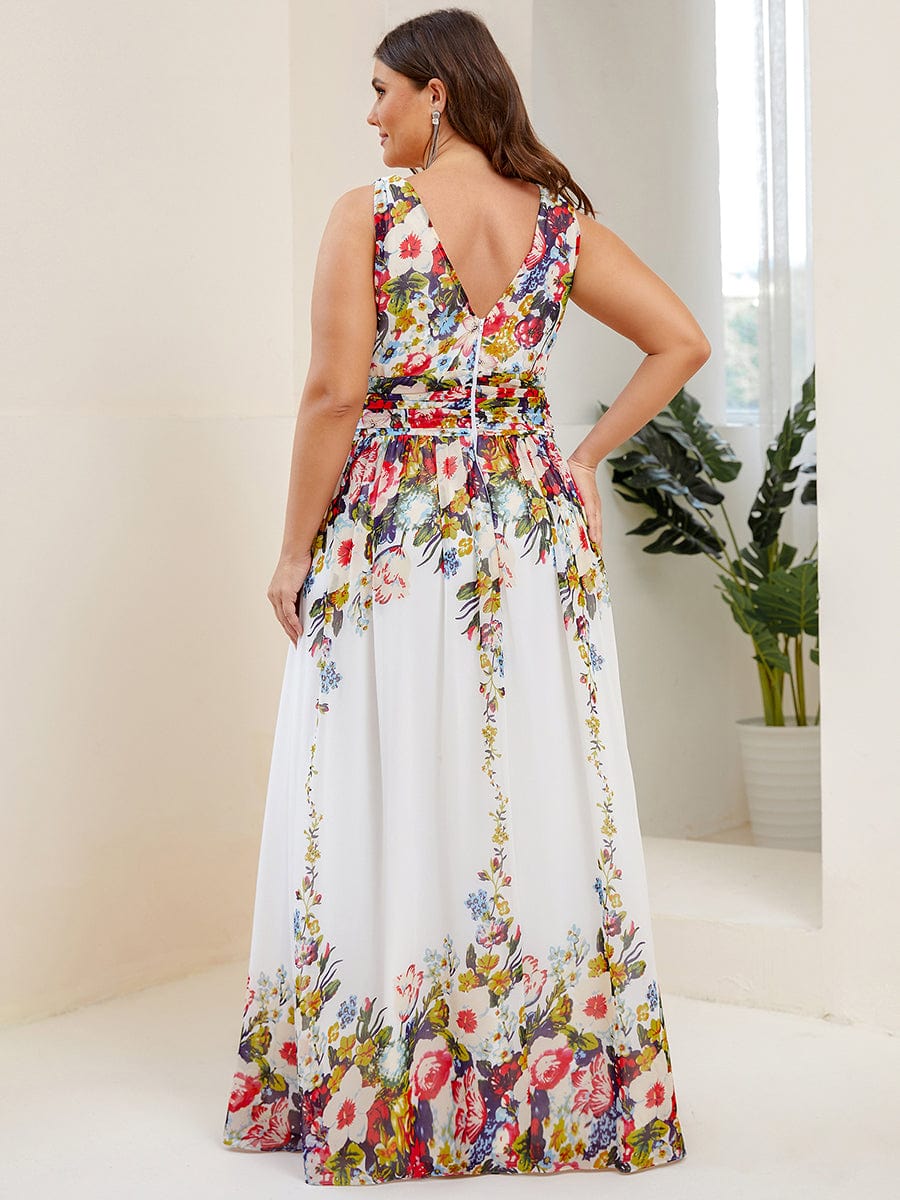 Sleeveless V-Neck Maxi Chiffon Bridesmaid Dress #color_Printed Cream