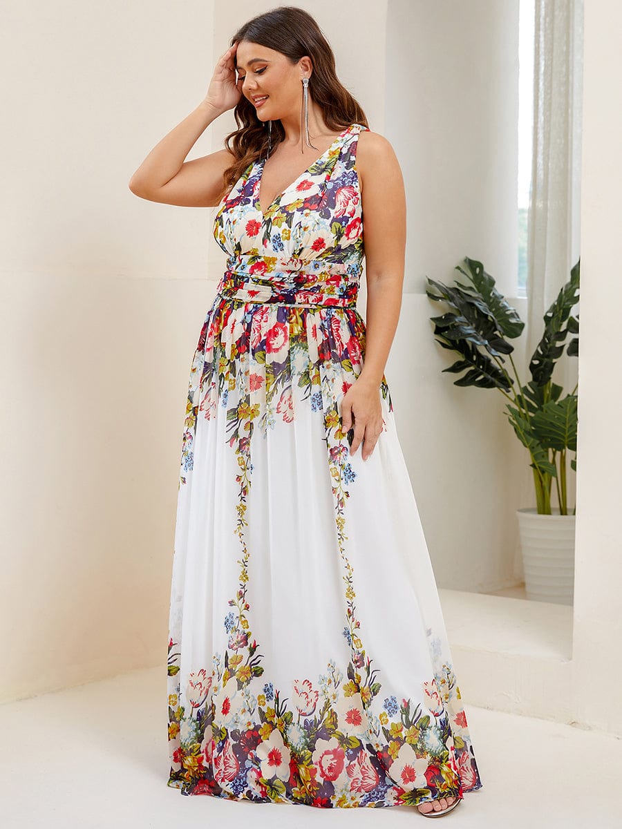 Plus Size Sleeveless V-Neck Semi-Formal Chiffon Bridesmaid Dress #color_Printed Cream