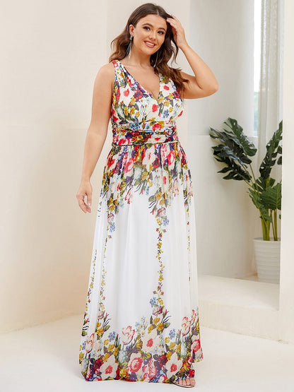 Plus Size Sleeveless V-Neck Semi-Formal Chiffon Bridesmaid Dress #color_Printed Cream