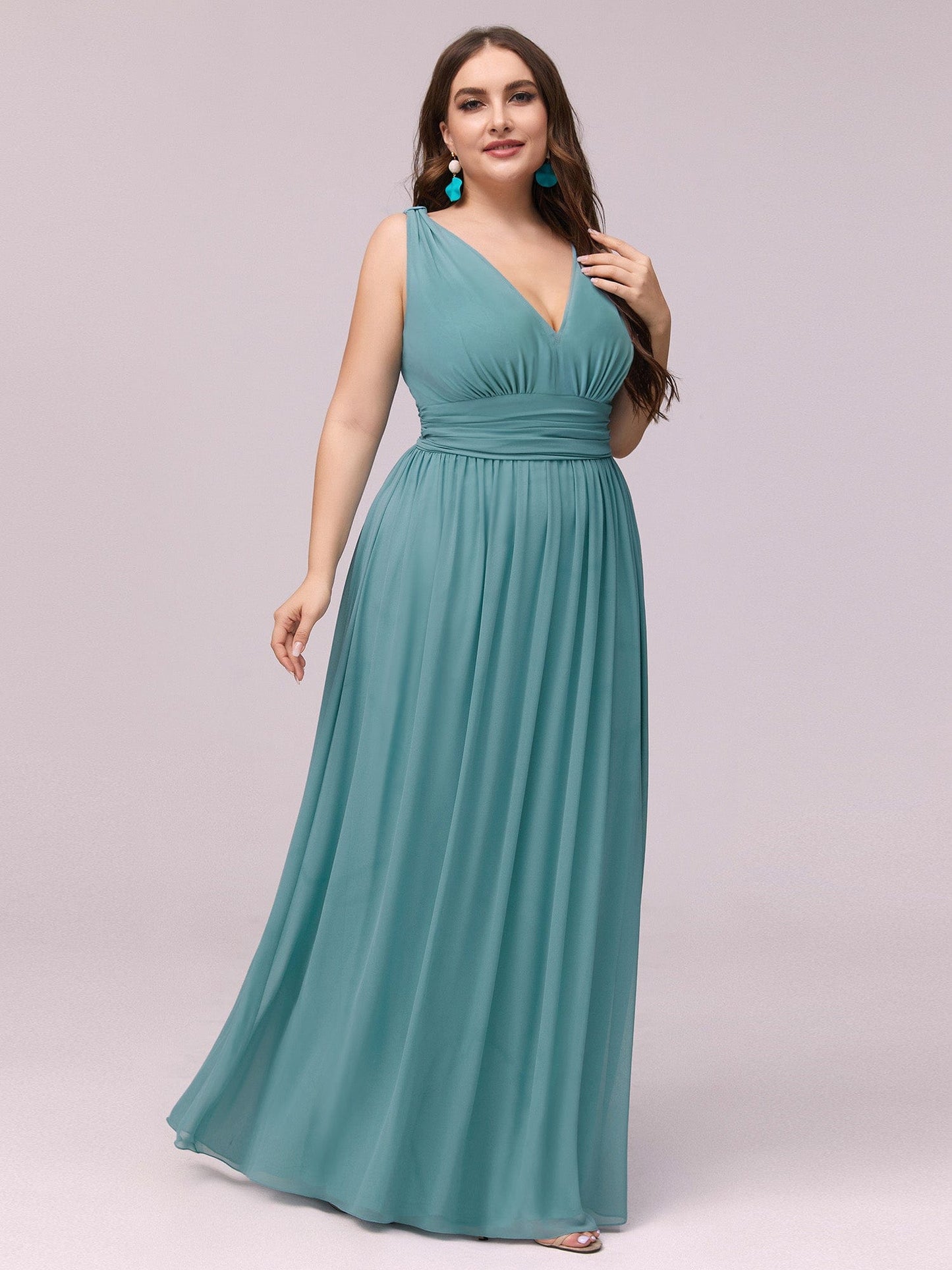 Custom Size Chiffon Sleeveless V-Neck Maxi Bridesmaid Dress #color_Dusty Blue