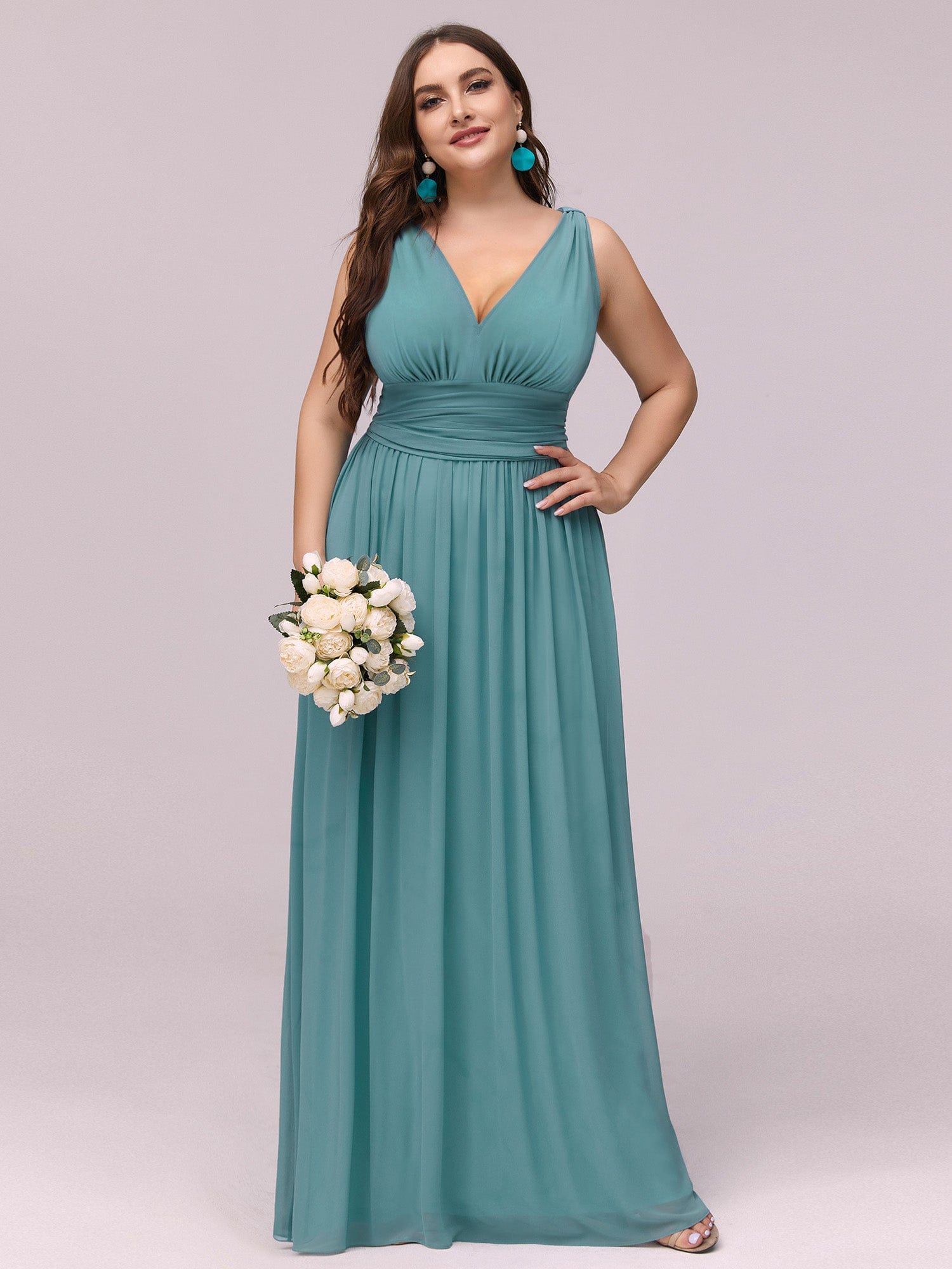 Custom Size Chiffon Sleeveless V-Neck Maxi Bridesmaid Dress #color_Dusty Blue