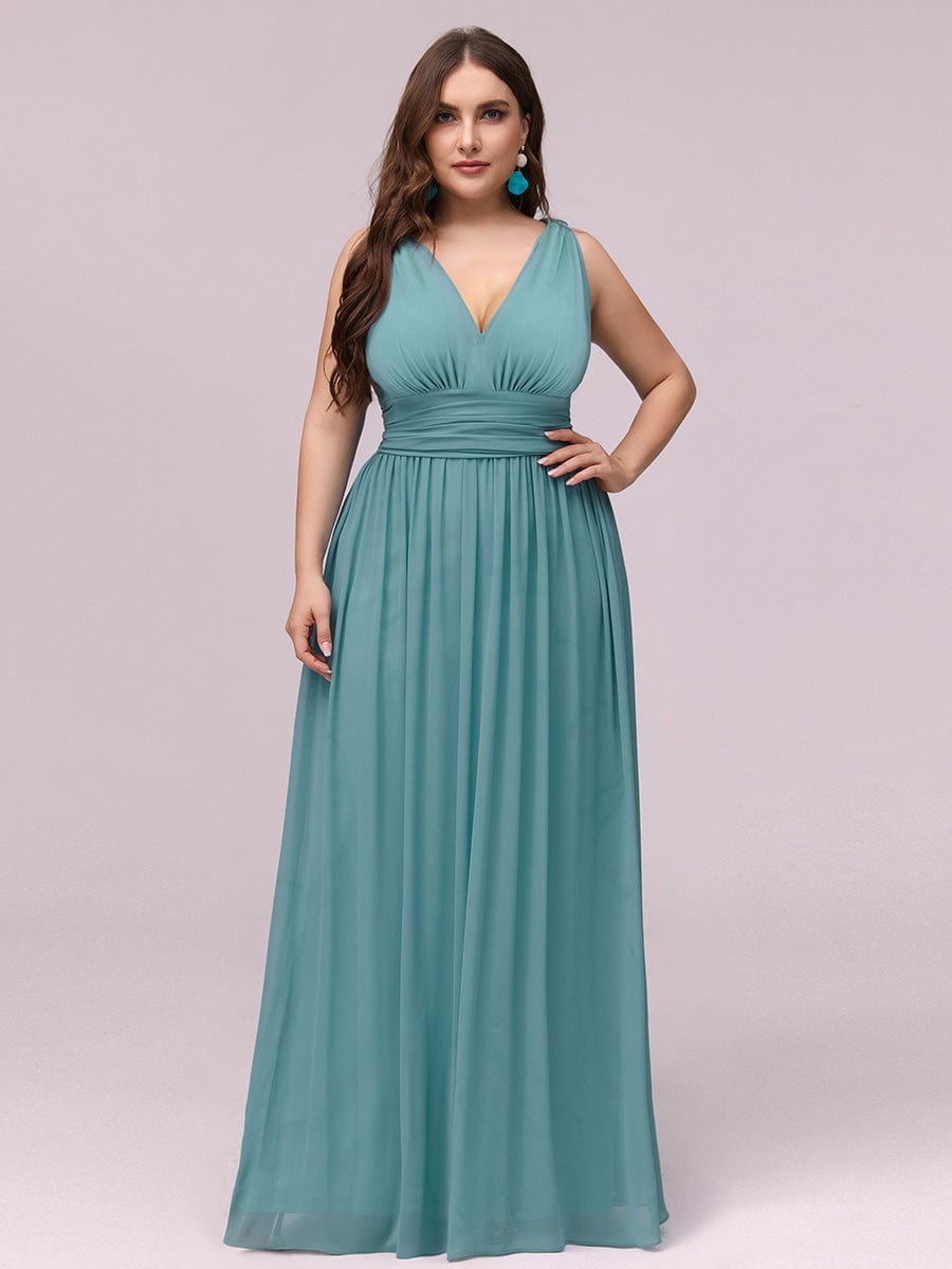 Plus Size Sleeveless V-Neck Semi-Formal Chiffon Bridesmaid Dress #color_Dusty Blue