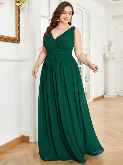 Custom Size Chiffon Sleeveless V-Neck Maxi Bridesmaid Dress #color_Dark Green