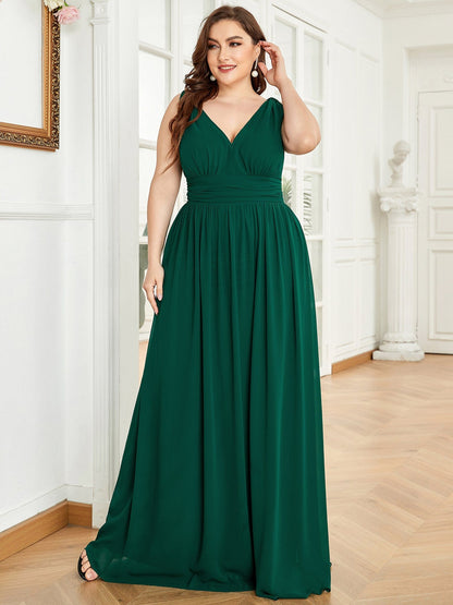 Custom Size Chiffon Sleeveless V-Neck Maxi Bridesmaid Dress #color_Dark Green