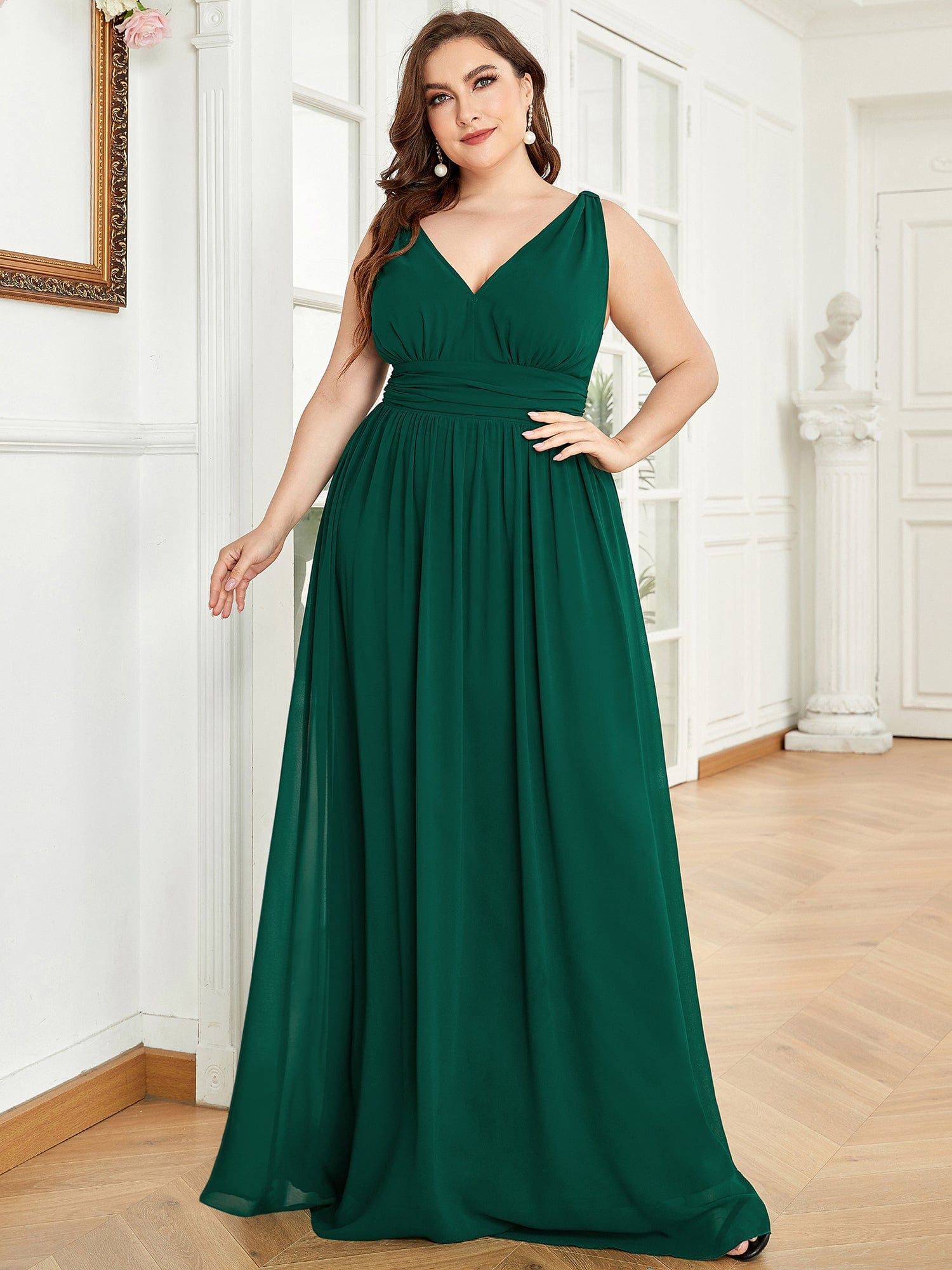 Custom Size Chiffon Sleeveless V-Neck Maxi Bridesmaid Dress #color_Dark Green