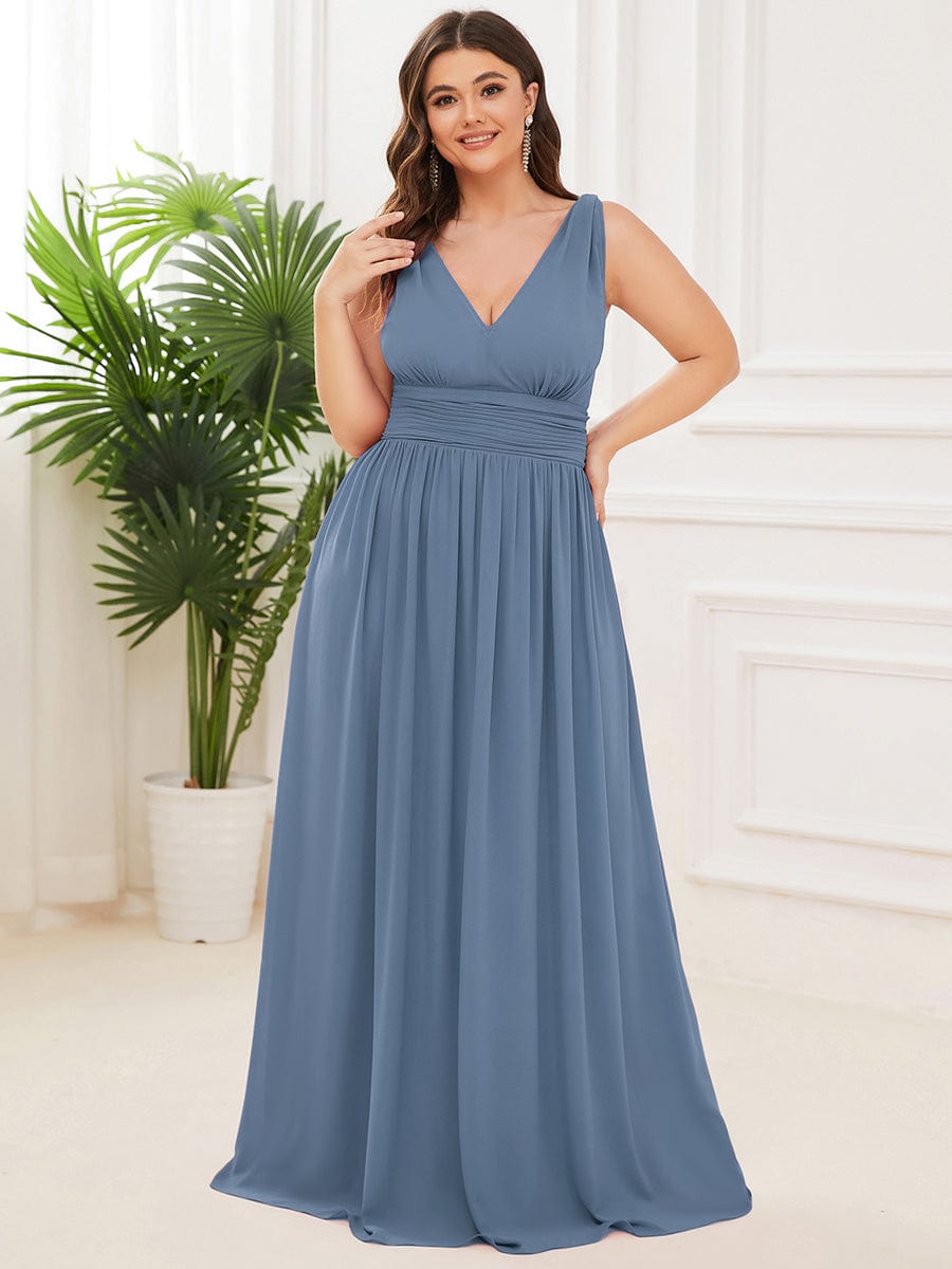 Custom Size Chiffon Sleeveless V-Neck Maxi Bridesmaid Dress #color_Dusty Navy