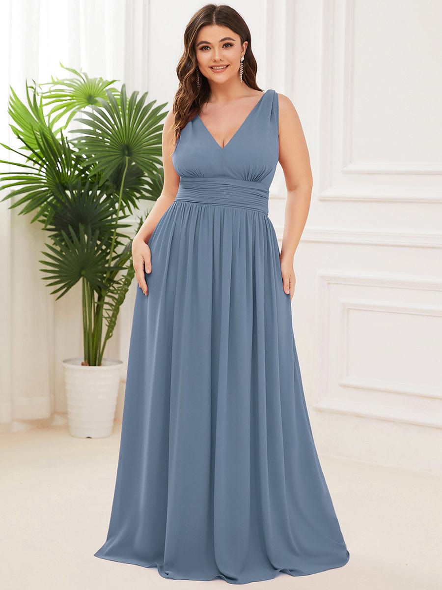 Custom Size Chiffon Sleeveless V-Neck Maxi Bridesmaid Dress #color_Dusty Navy